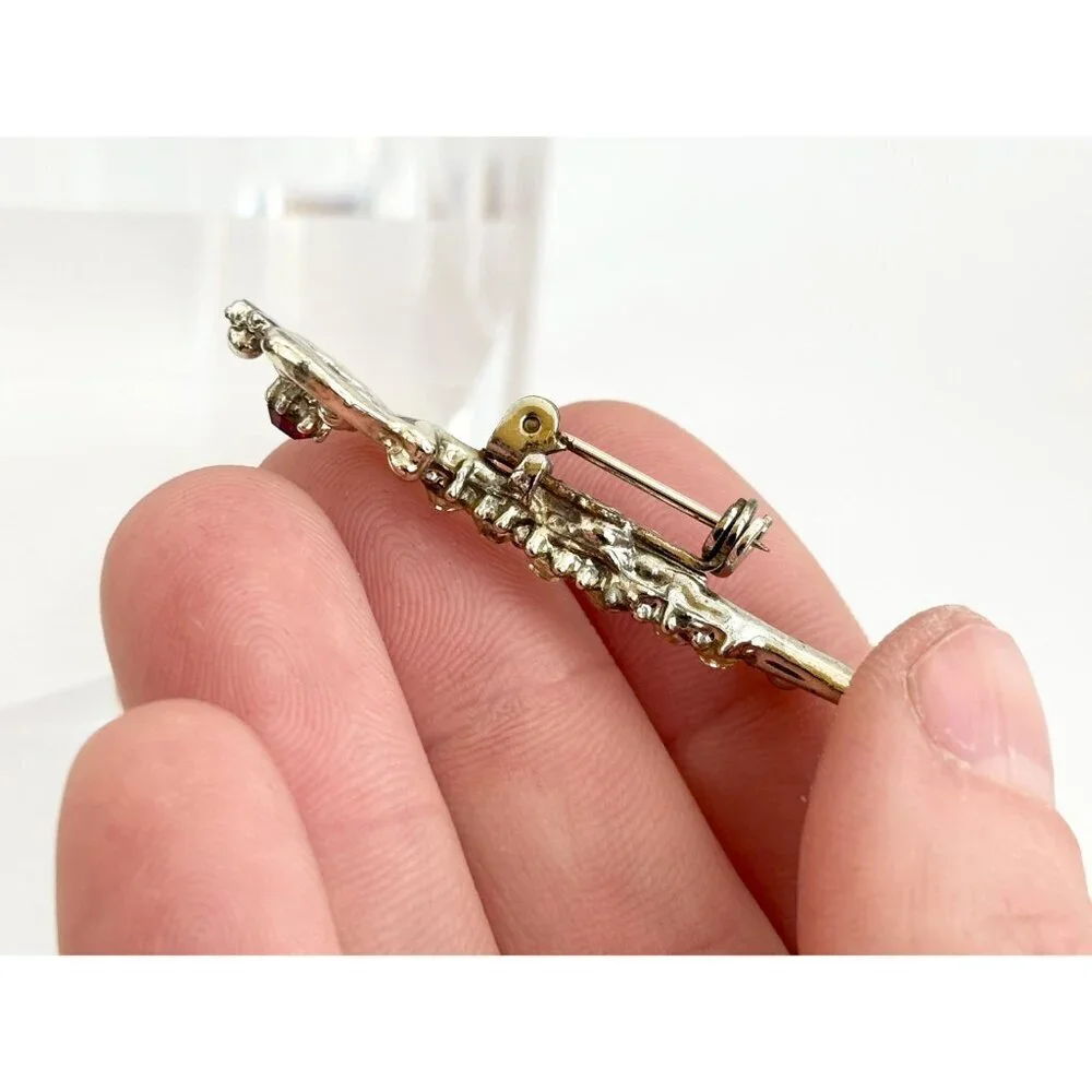 Key Shaped Antique Inspired Rhinestone Gold Toned Vintage Costume Jewelry Brooch